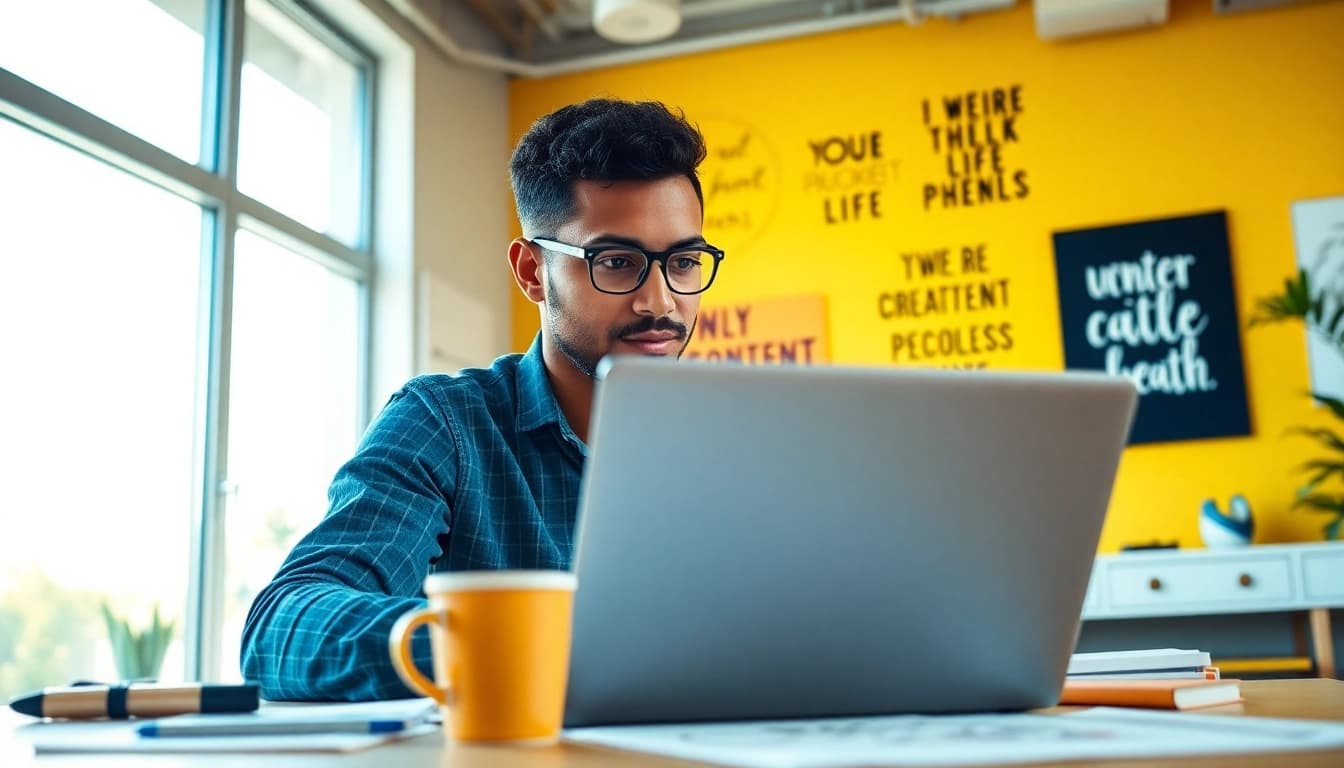 Learn how to get paid for content creation fast with a focused content creator at work in a vibrant office.