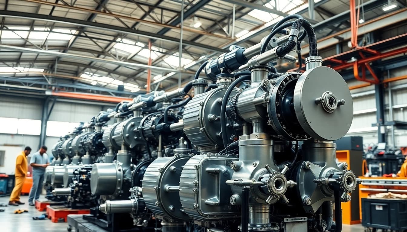 Showcase of industrial hydraulics solutions demonstrating advanced machinery and technology in a workshop setting.
