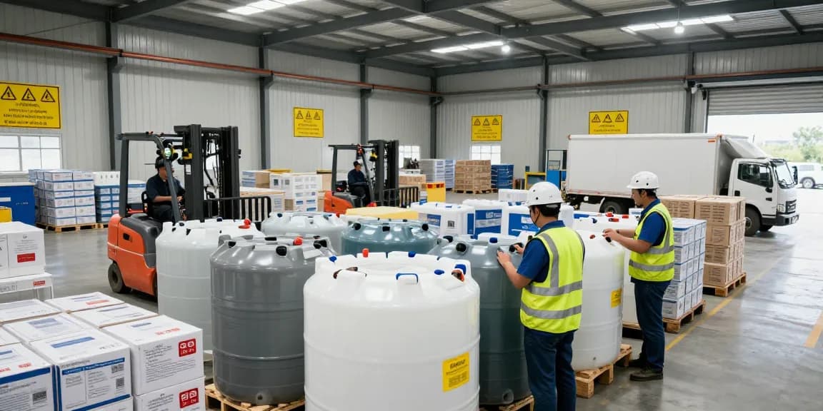 Warehouse scene illustrating industrial chemicals wholesale with workers inspecting containers and safety measures in place.