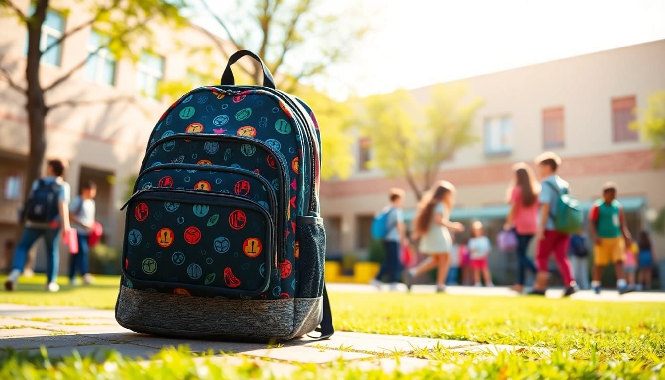 Handtasche für Schulen im Vordergrund mit bunten Designs und stilvollem Look.