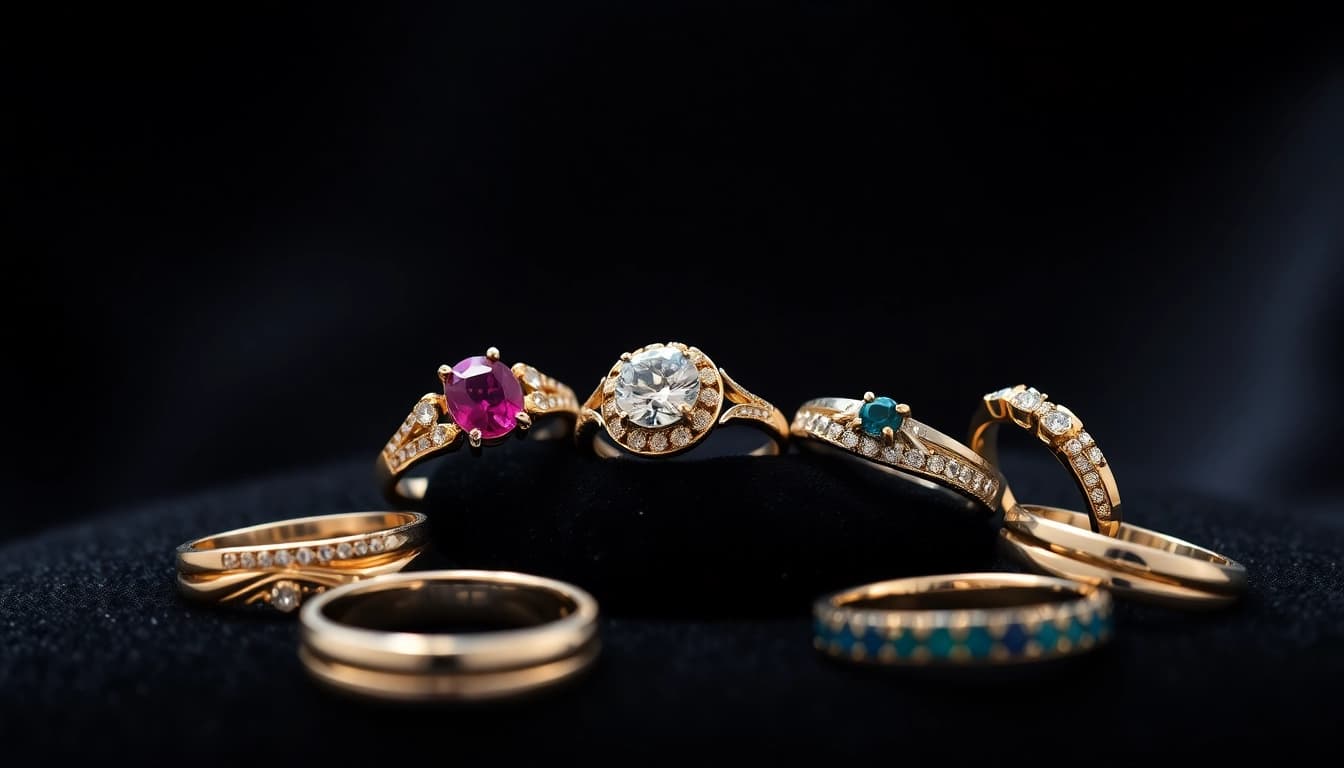 Showcasing luxury rings with stunning designs and gemstones, highlighting their elegance and craftsmanship.