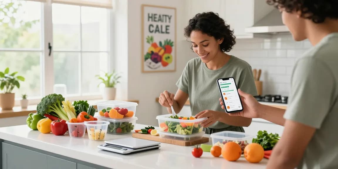 Individual using the best nutrition tracking app in a bright kitchen, surrounded by fresh ingredients.