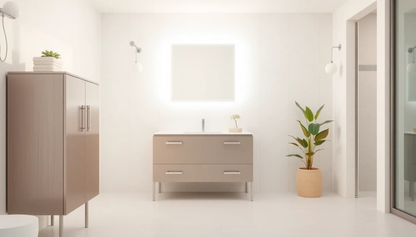Showcase of a stylish bathroom cabinet with mirror and light reflecting modern design.