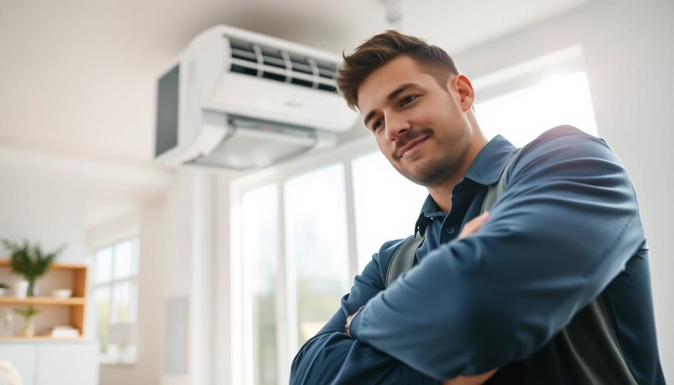 Trane HVAC technician inspecting an energy-efficient air conditioning unit in a bright home.