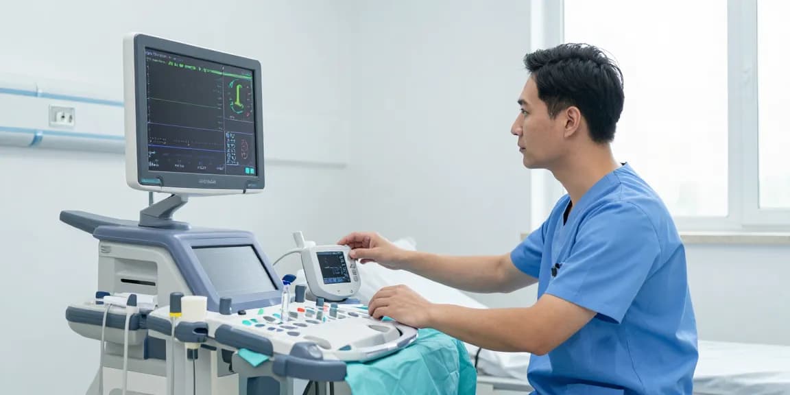 Medical equipment on display with a healthcare professional examining a patient monitor in a bright hospital room.