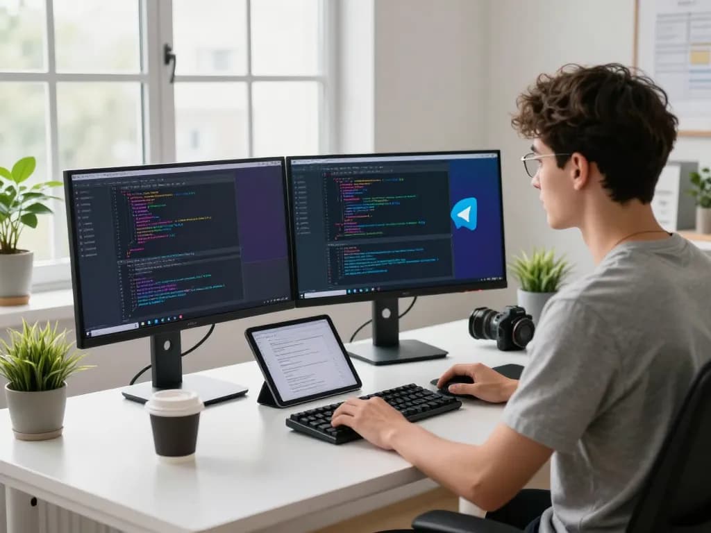 Developer using Telegram 电脑版 on dual monitors in a modern workspace
