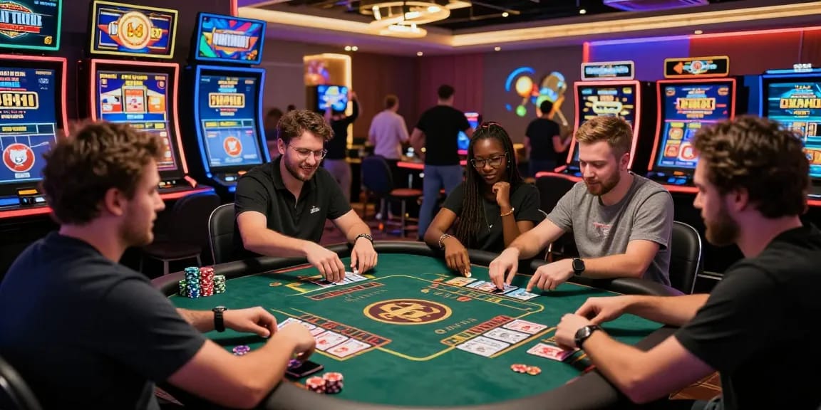Environnement de casino en ligne excitant montrant des joueurs profitant d'une expérience de site casino en ligne avec des tables de jeu vibrantes et des graphismes modernes.