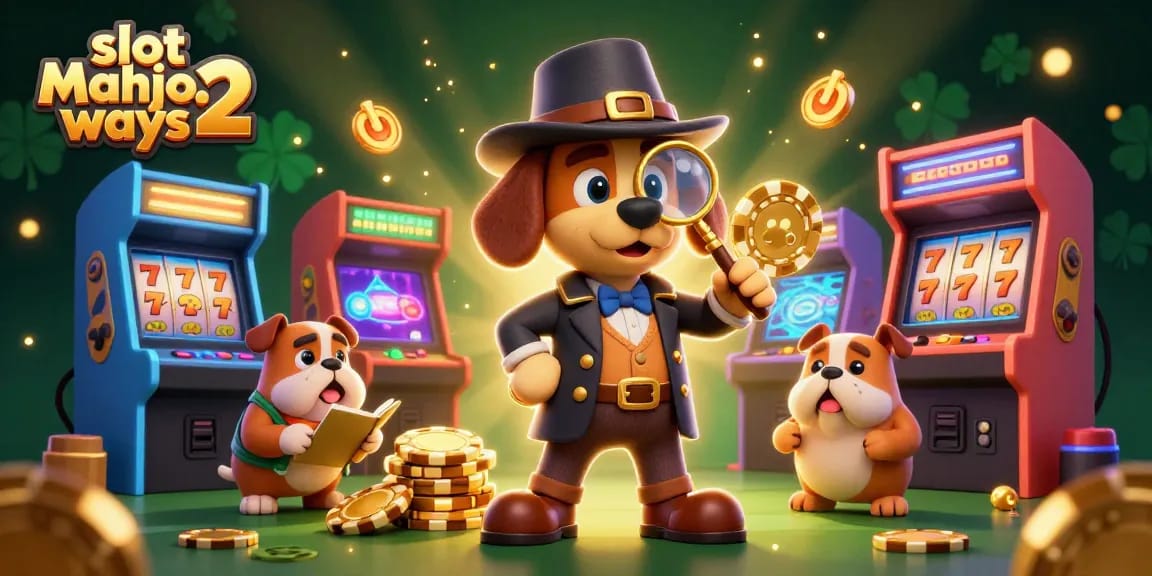 Experience slot mahjong ways 2 with 3D characters solving clues amid vibrant casino elements.