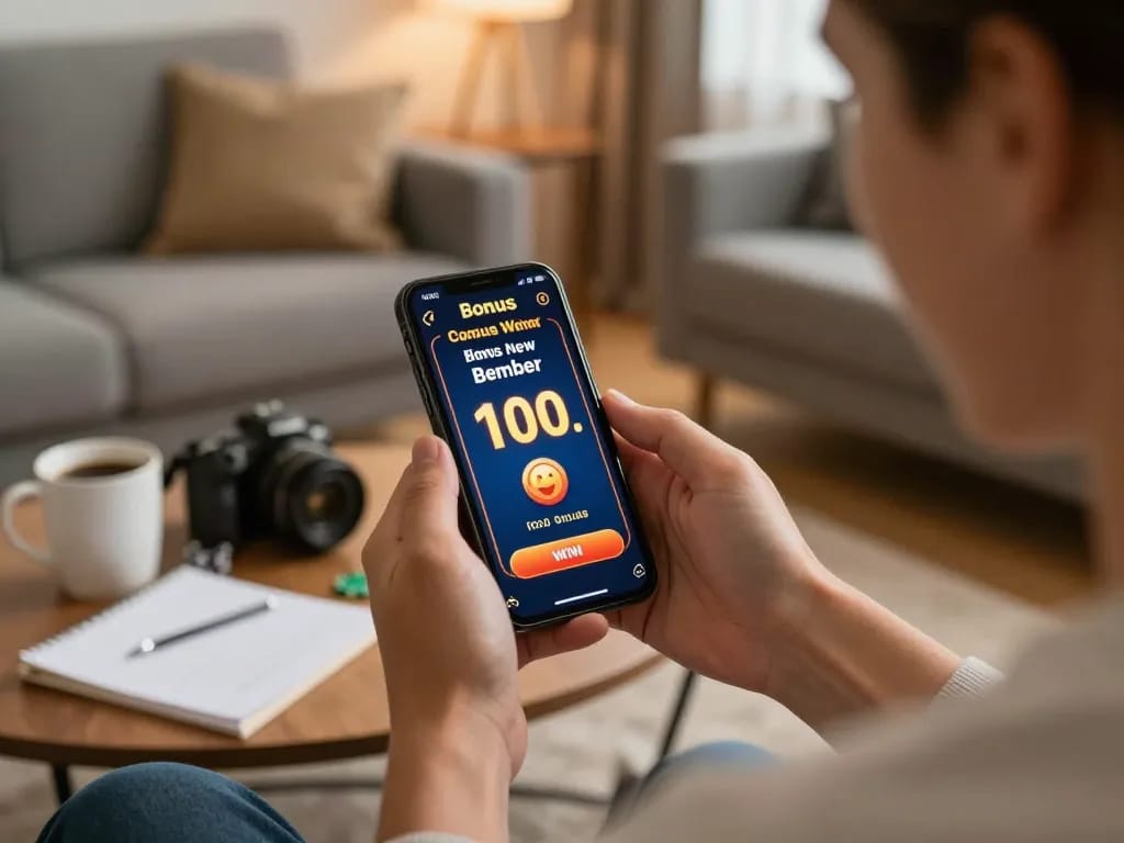 Celebrating a win with bonus new member 100 notification on a smartphone screen while enjoying online gambling.