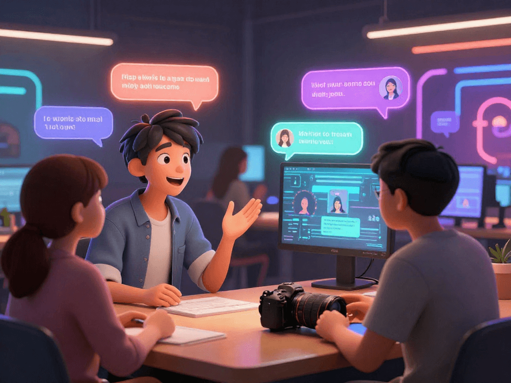 Engaging virtual environment showcasing hentai ai chat with diverse avatars and animated conversations.