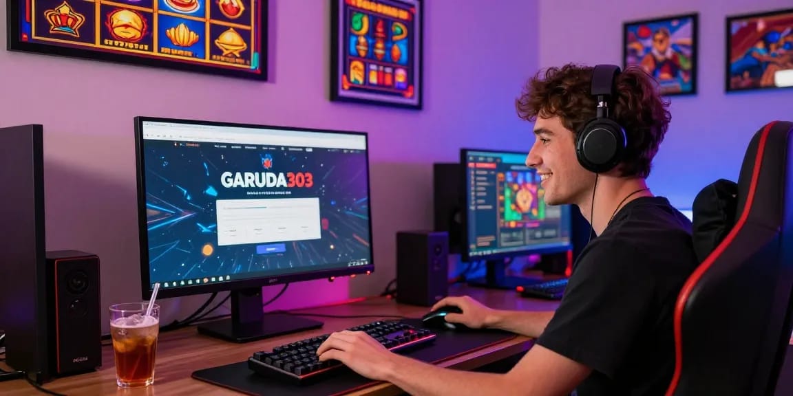 Player enjoying GARUDA303 login on a vibrant online gaming platform, surrounded by colorful slot game graphics.