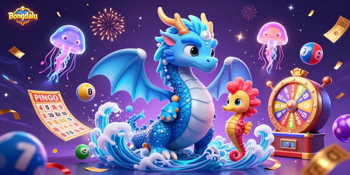 Bongdalu offers a vibrant underwater scene with a dazzling water dragon, seahorse knight, and glowing jellyfish amidst a vibrant casino atmosphere.