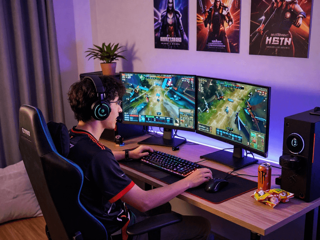 Player immersed in a thrilling raja328 link online gaming experience with dual monitors and vibrant graphics.