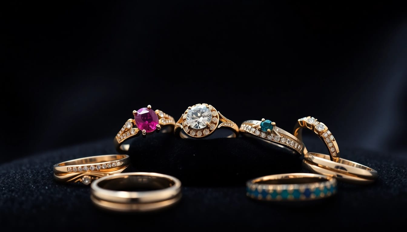 Showcasing luxury rings with stunning designs and gemstones, highlighting their elegance and craftsmanship.
