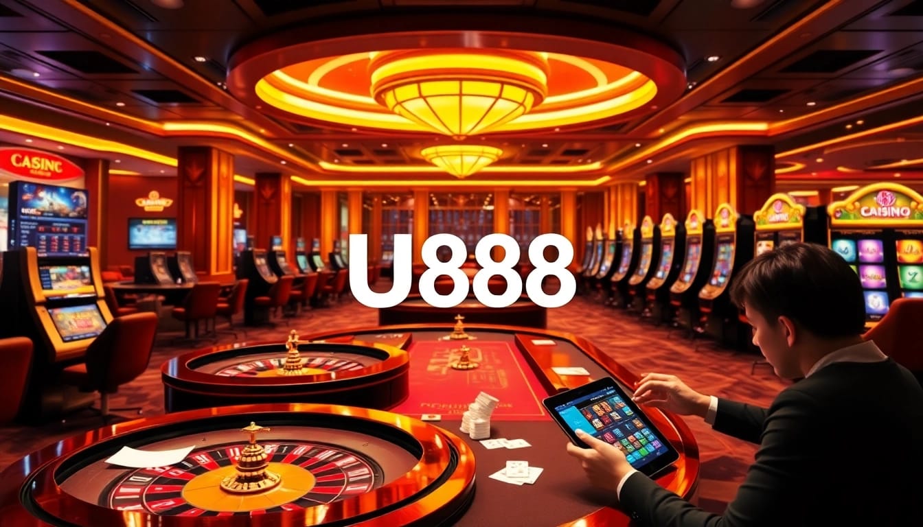 Engaging U888 online casino gaming scene with poker tables and vibrant slot machines.