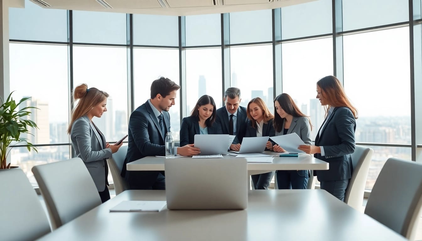 Engaged team of Quickplus Business Consultants in a modern office analyzing strategic documents.
