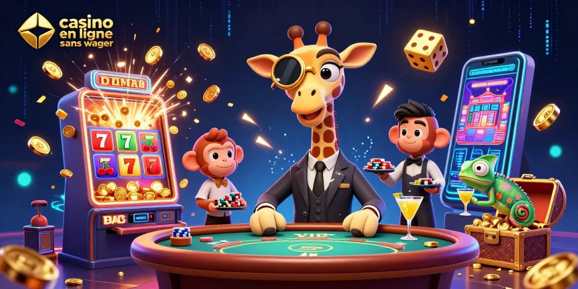 Aventure au casino en ligne sans wager : une girafe en costume à une table de poker, un singe valet, un caméléon barman