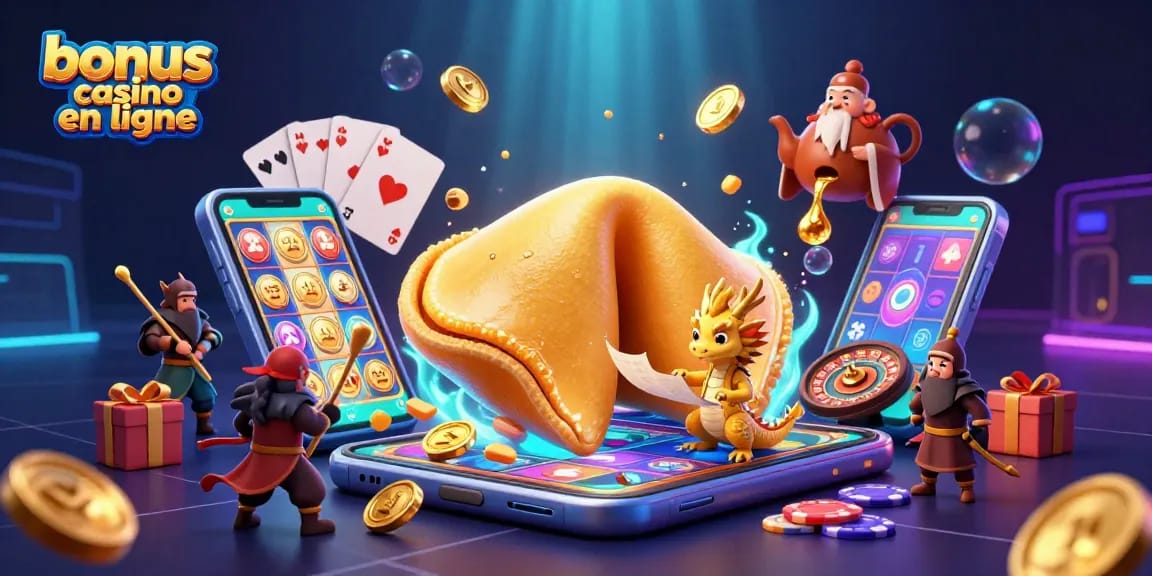 Profitez des bonus casino en ligne avec nos dragons sages et fortune cookies en or dans une scène dynamique