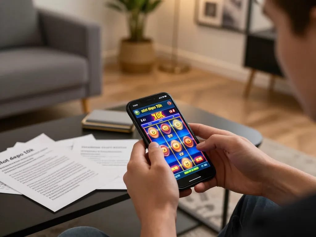 Player enjoying slot depo 10k on smartphone in cozy home environment with strategic notes.