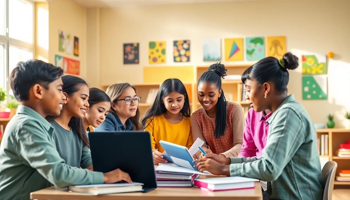 Students collaborating in a vibrant classroom, highlighting the essence of Education and teamwork.