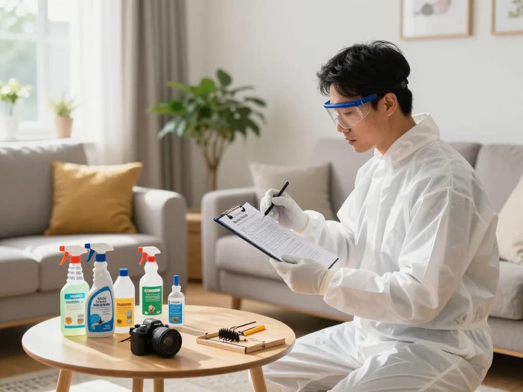 Pest prevention tips demonstrated by a pest control expert inspecting home areas for potential infestations.