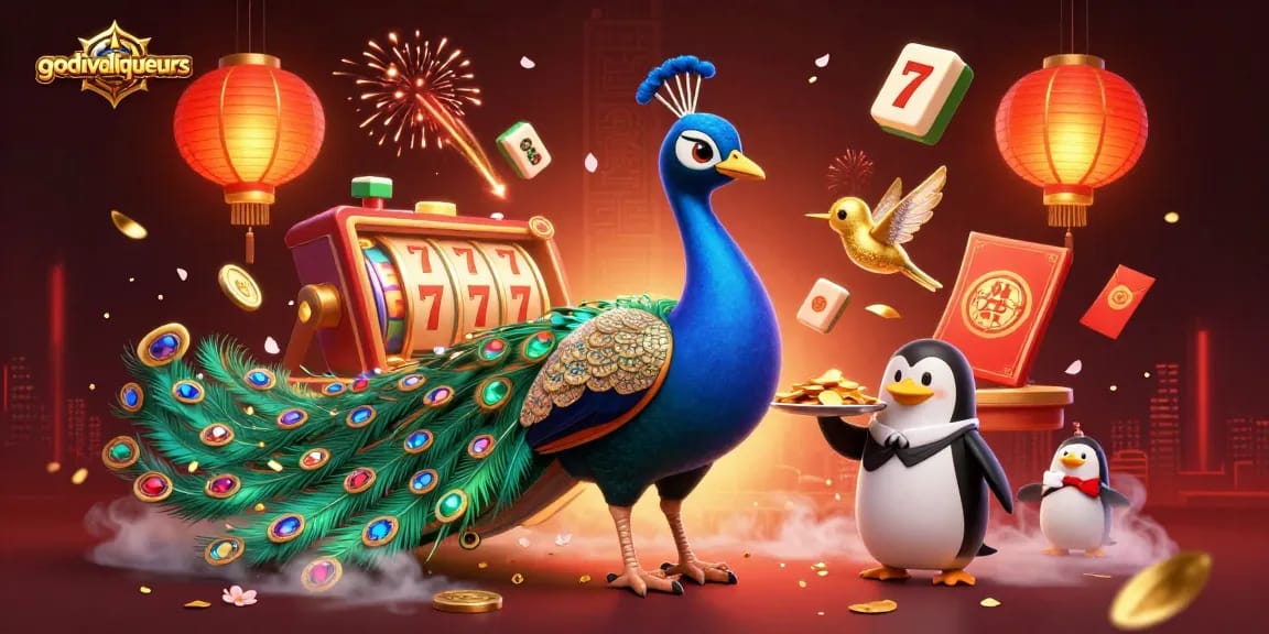 Play exciting games with godivaliqueurs amidst vibrant casino-themed imagery featuring unique characters.