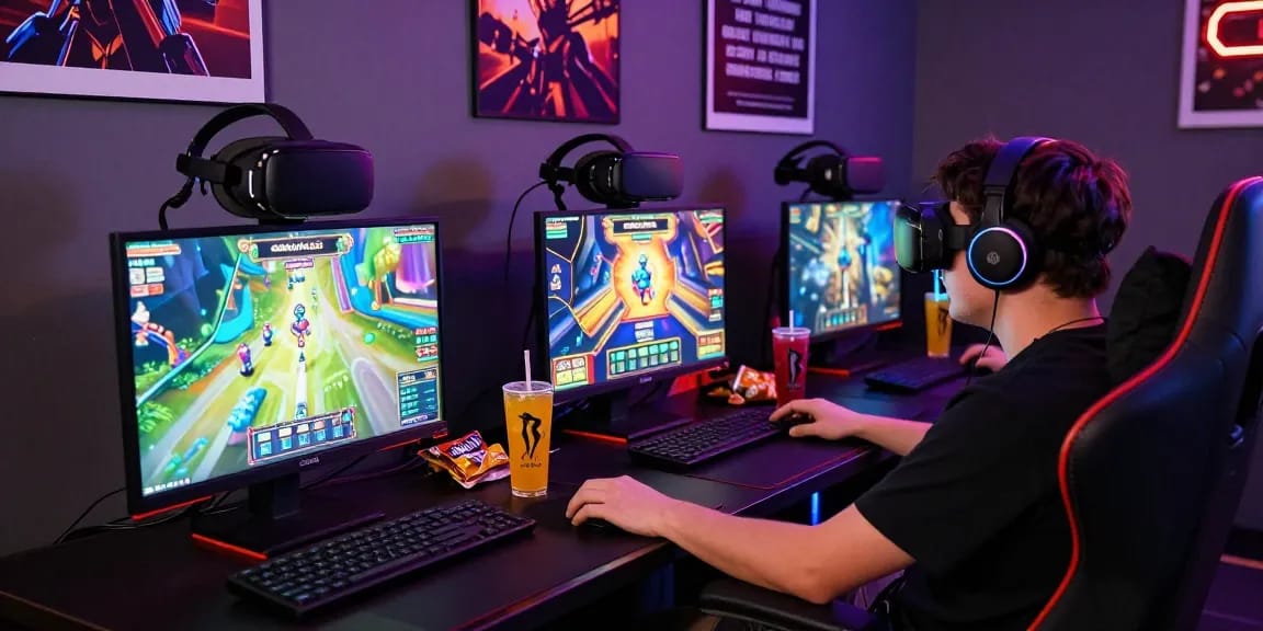 GARUDA303 login scene with a player enjoying vibrant online slot games and gaming accessories in a dynamic environment.