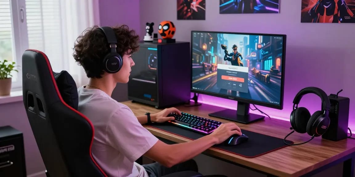 Young gamer using garuda303 login on a high-resolution monitor in a vibrant gaming setup.