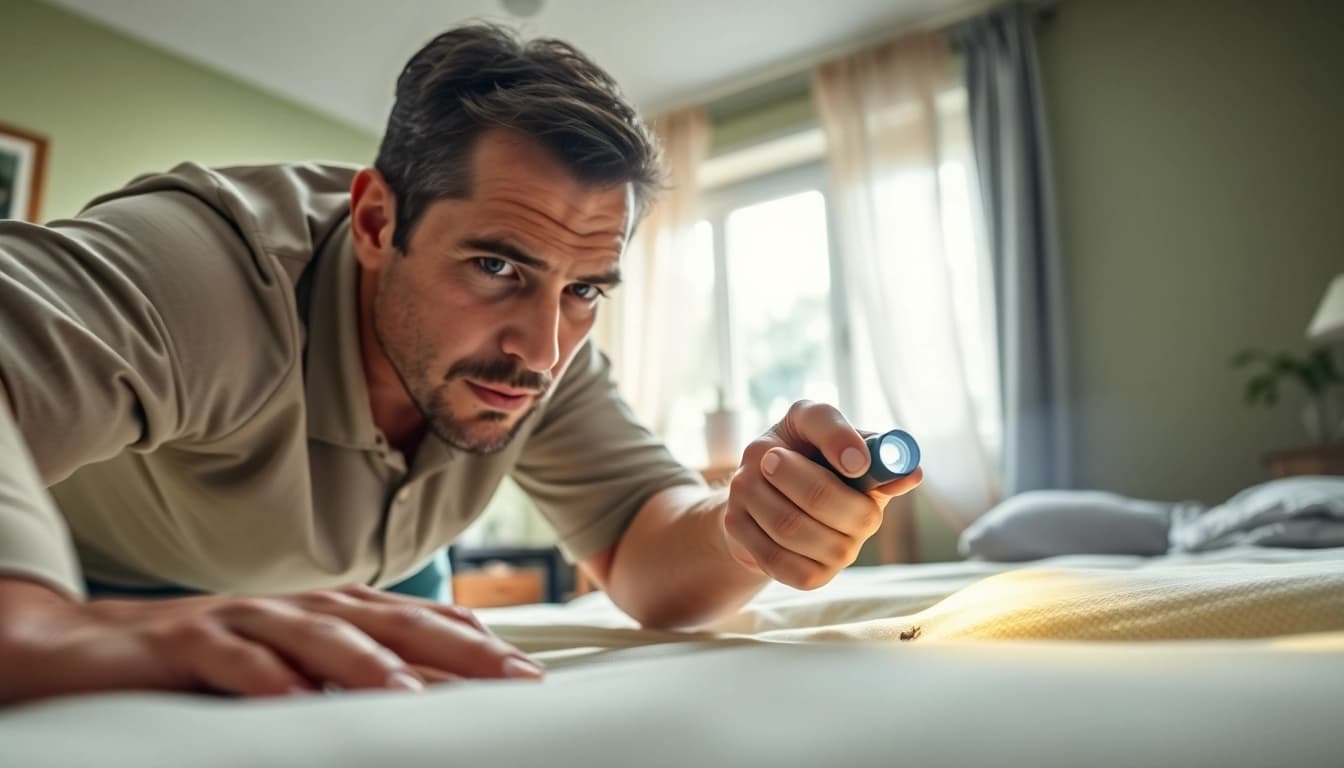Inspecting for bed bugs in a cozy bedroom by a bed bug company near me professional.