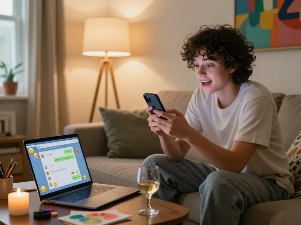 Engaging in playful nsfw ai chat on a smartphone in a cozy apartment setting.