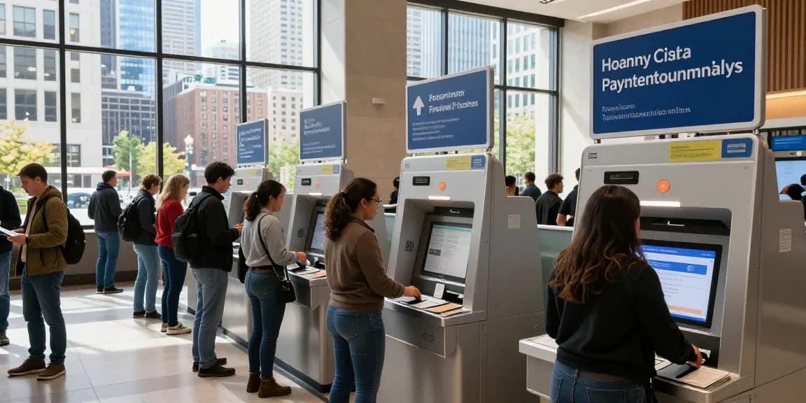 Customers engaging with 시카고페이 kiosks for quick payment solutions in Chicago's financial hub.