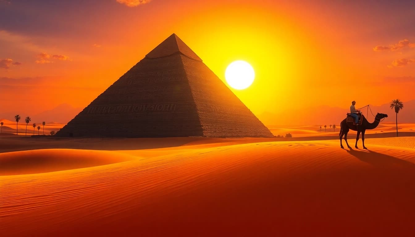 Experience the majestic piraminds of Giza under sunset, surrounded by natural elegance.