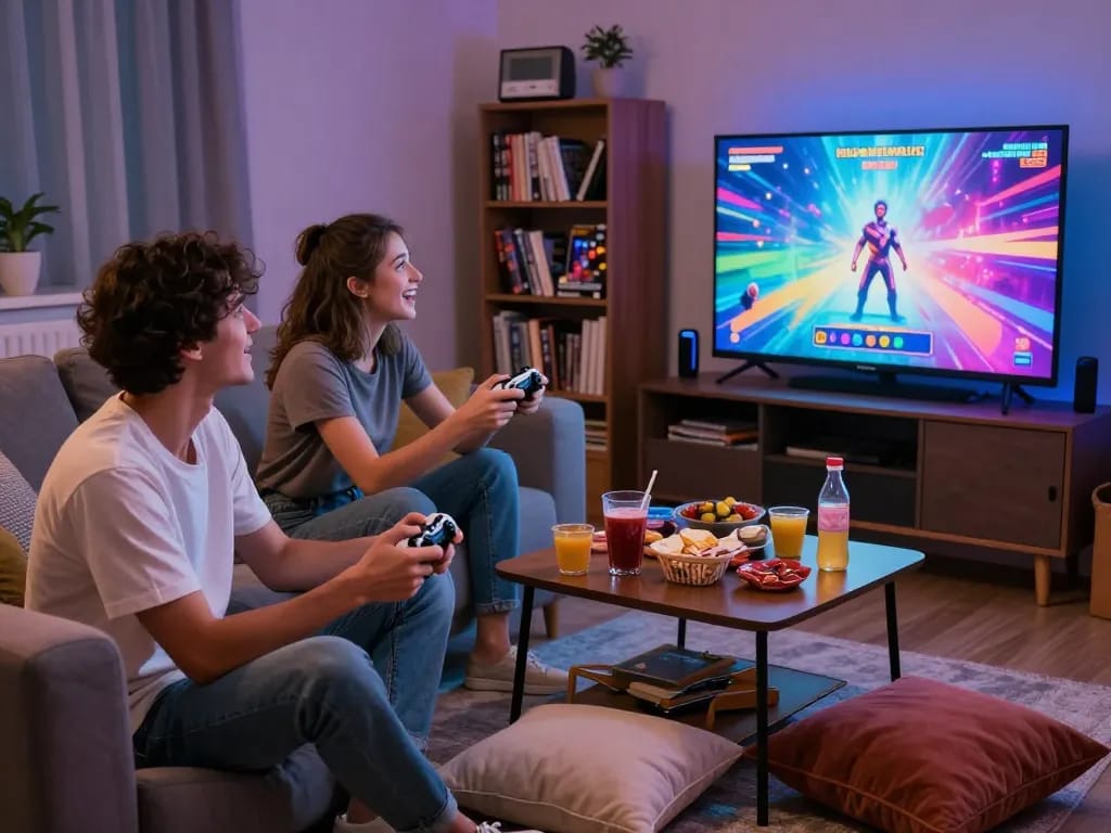 Couple engaged in fun порно games session on a cozy sofa with snacks.