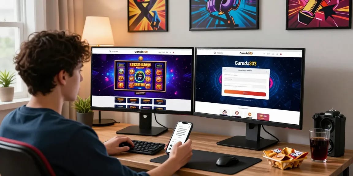 Garuda303 login scene at home office with gaming setup, vibrant displays, and snacks for an engaging online gaming experience.