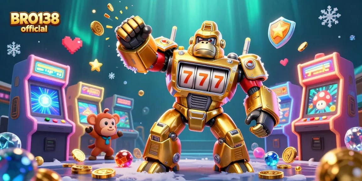 Experience thrilling gaming action with BRO138 official's colorful Mech and slot machine elements.