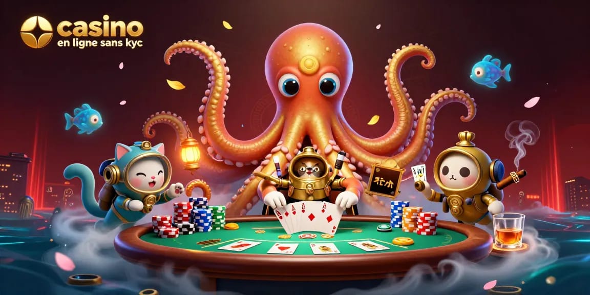 Jouez sur un casino en ligne sans KYC avec Kraken et un chat plongeur dans une scène dynamique captivante.