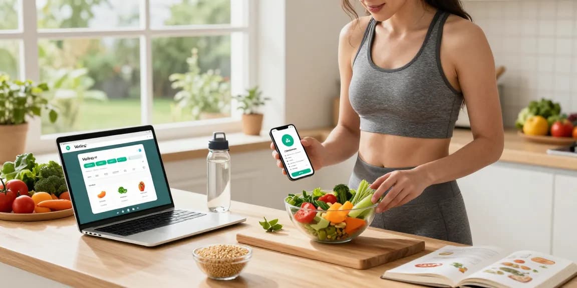 Engaging kitchen scene depicting the best weight loss app in action as a health enthusiast tracks meals.