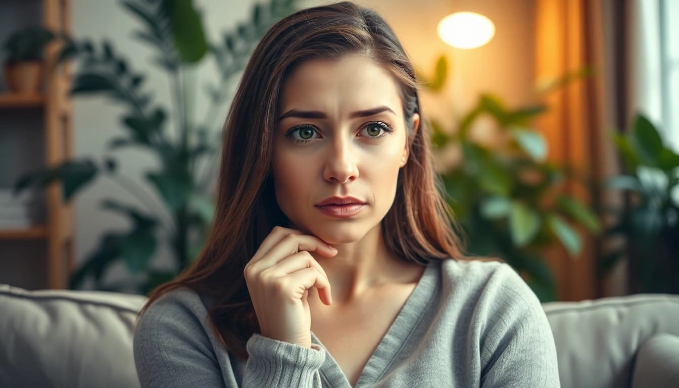 A contemplative woman exhibiting depression symptoms in a soothing therapist's office.