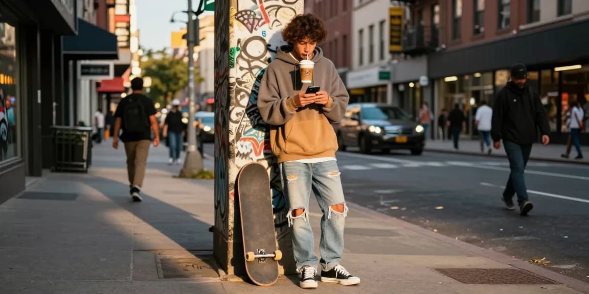 Street fashion scene featuring an individual checking their smartphone near https://shs-dome5.com/, showcasing urban culture.