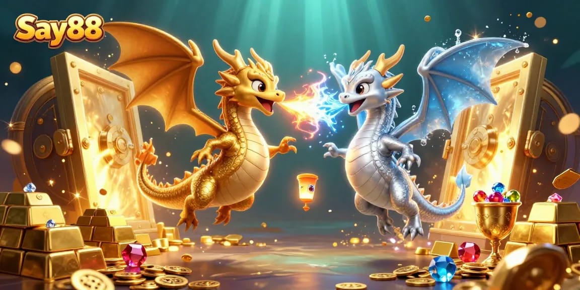 Win big at Say88 with thrilling 3D action featuring dragons and treasures amidst a vibrant casino landscape.