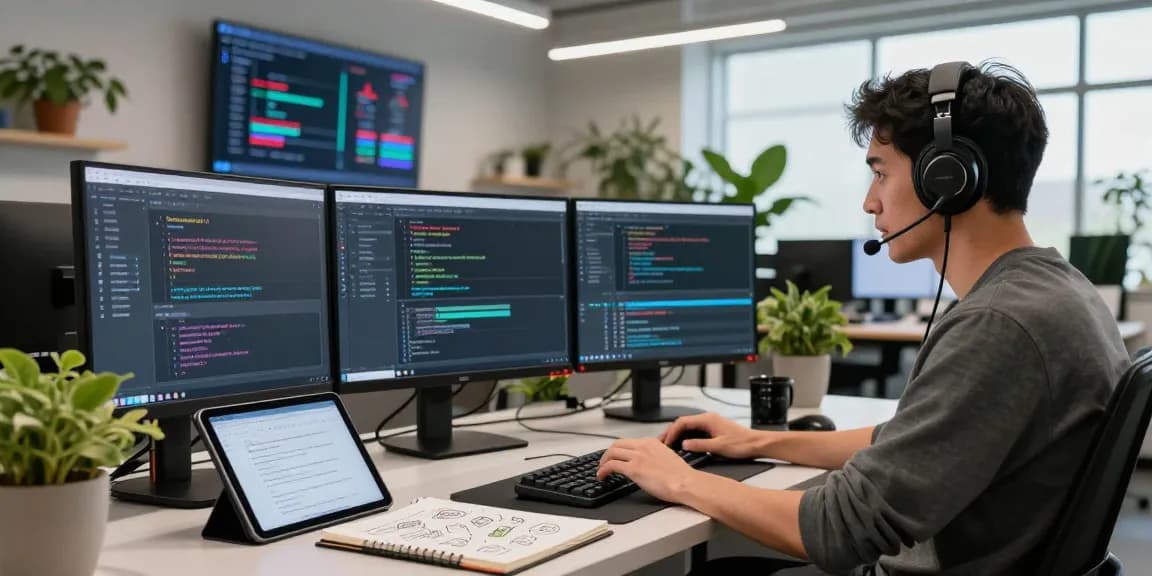 Kobold AI developer coding in a modern tech workspace with multiple screens, showcasing advanced AI interaction.