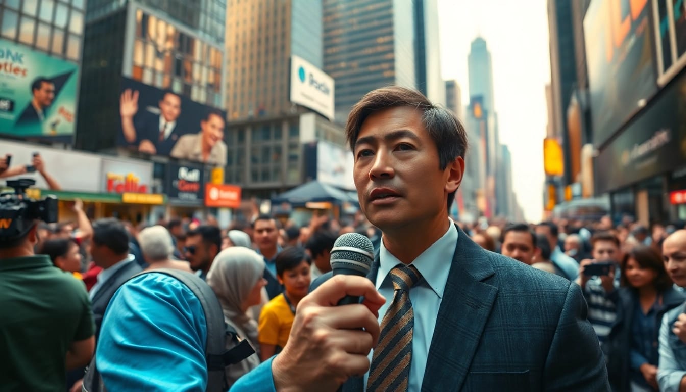 Reporting the latest news in a vibrant city setting with an engaging journalist.