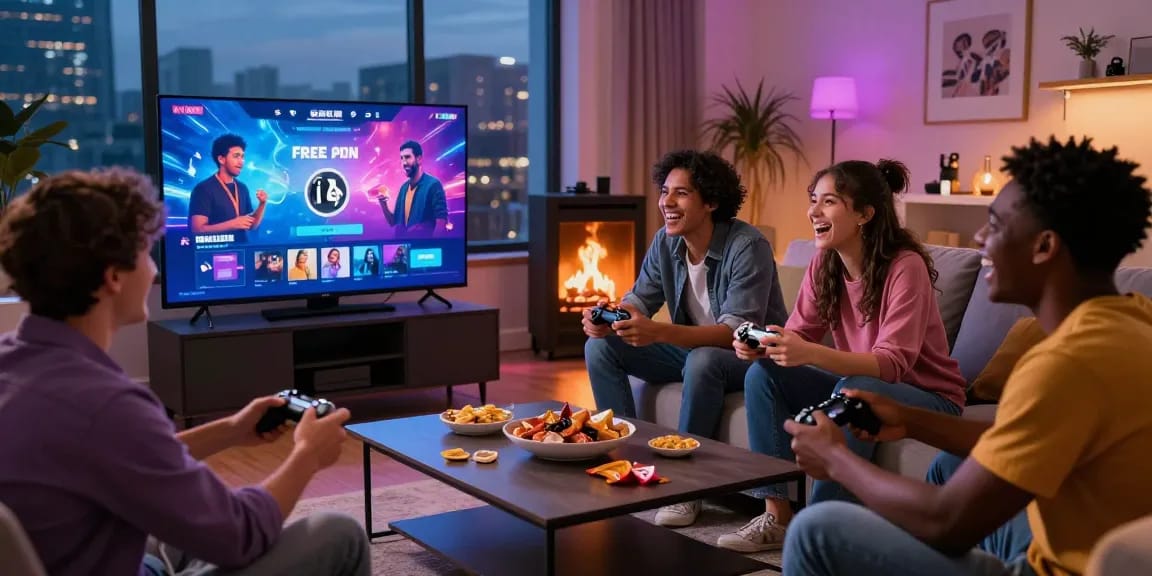 Group enjoying free porn games together in a cozy living room setting.