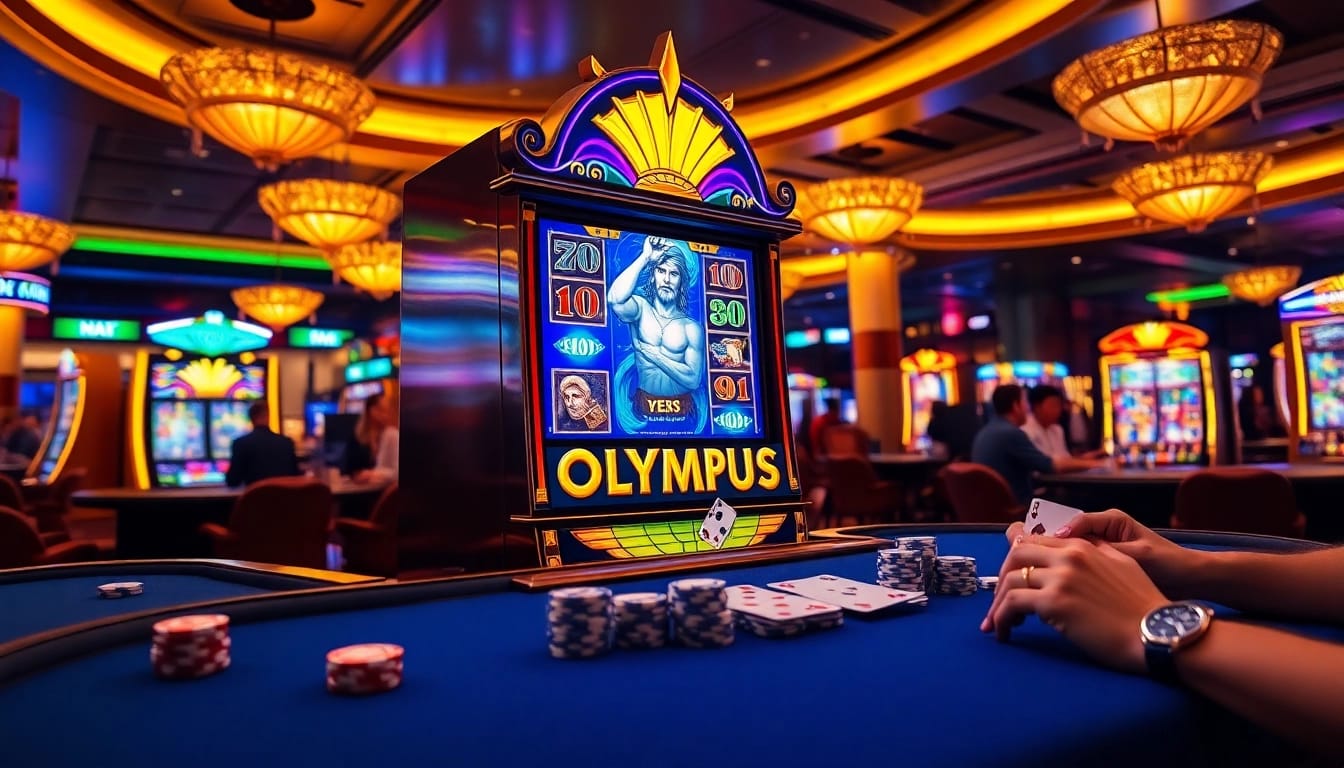 Excited gamblers playing the olympus slot game on a vibrant casino floor.