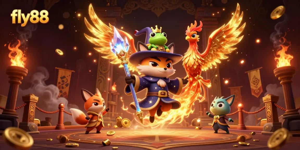 Experience winning thrills with fly88 in this vibrant 3D casino scene featuring mystical characters and fiery elements.