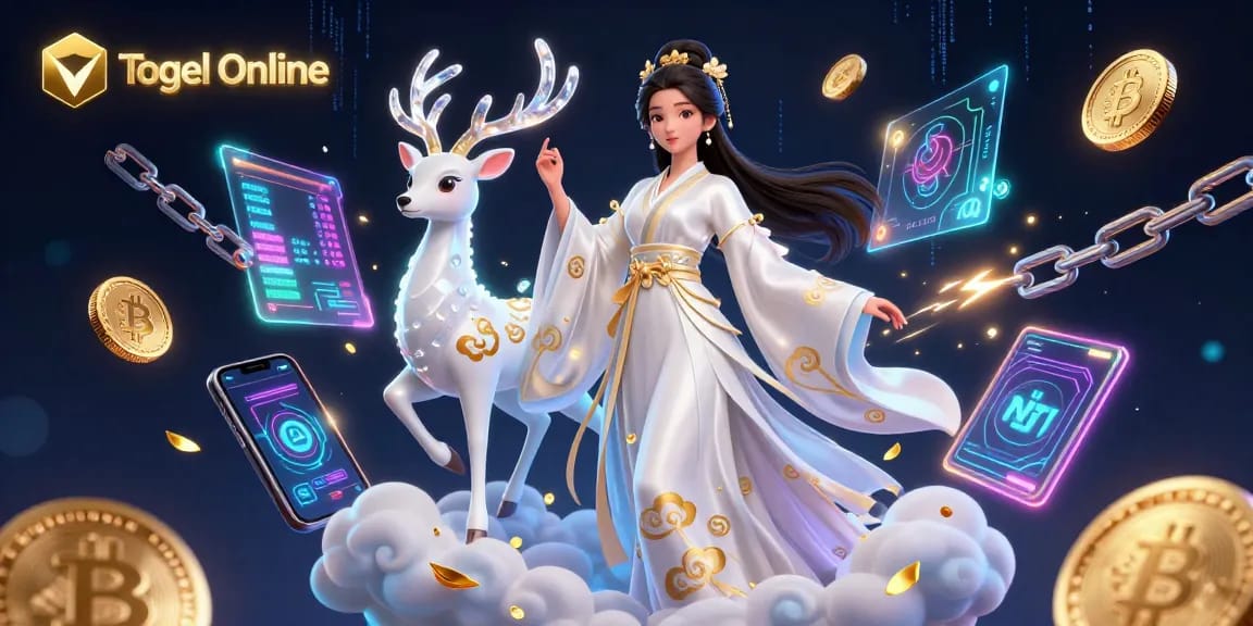 Experience the excitement of Togel Online with a captivating digital scene featuring a mystical hanfu-clad woman and cryptocurrency elements.