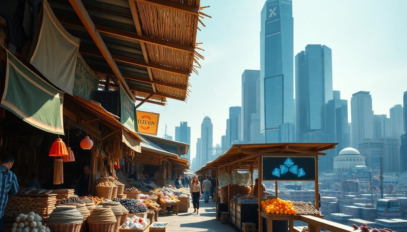 Visual comparison of the traditional economy with a marketplace and modern city.