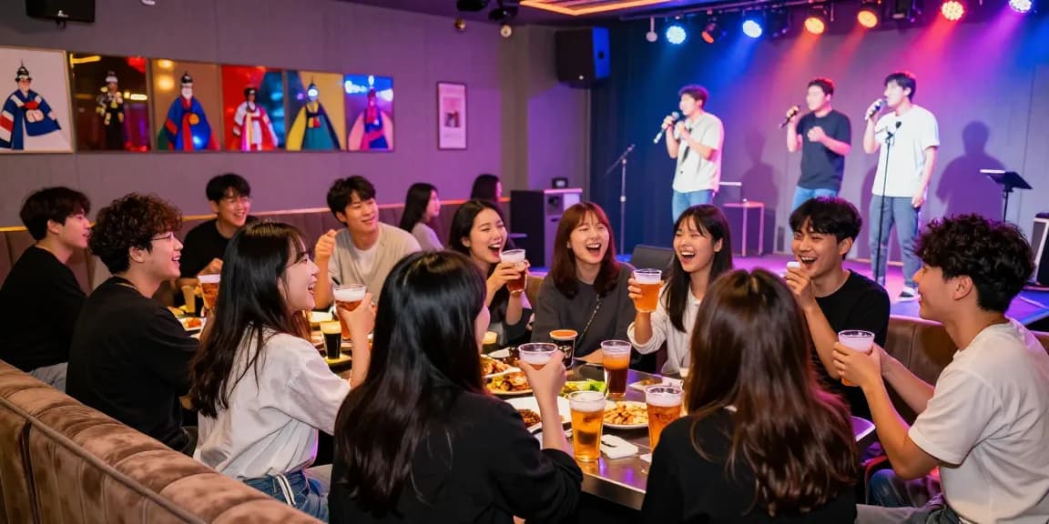 Dynamic Jeju nightlife experience showcasing 제주도유흥 culture with lively karaoke atmosphere, vibrant lights, and social enjoyment.