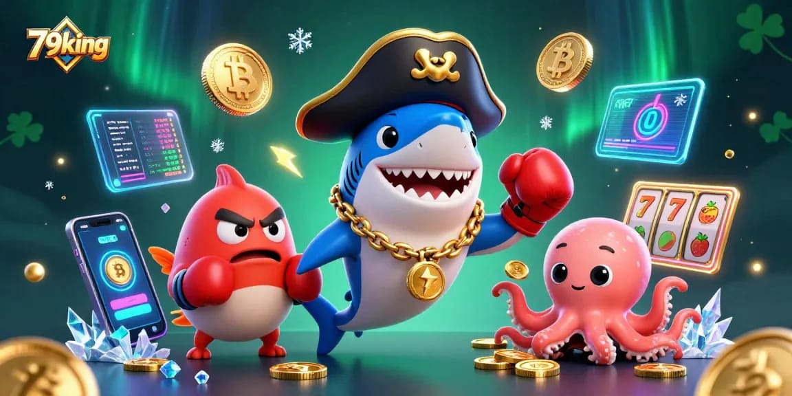 Experience thrilling gameplay with 79king’s vibrant characters surrounded by slot reels and crypto elements.