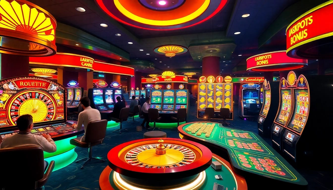 Bermain sumotogel di kasino yang ramai dengan mesin slot digital dan pemain yang bersemangat memenangkan jackpot.